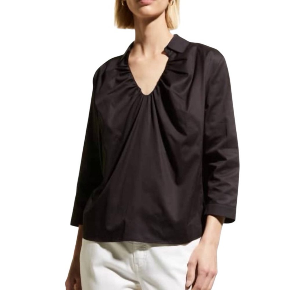 NWT Harshman Nerello Black Poplin Pleated Collared
V-Neck 3/4 Sleeve Blouse - L